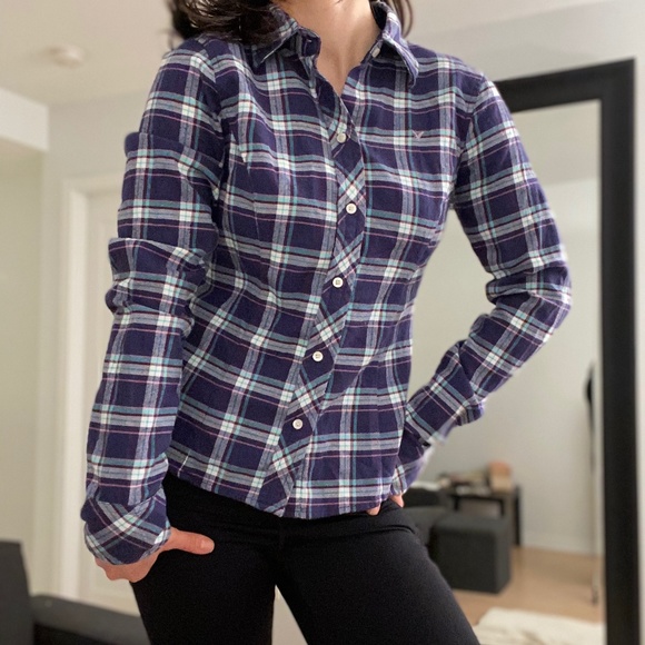 American Eagle Blue Button Up Plaid Shirt - Picture 4 of 8